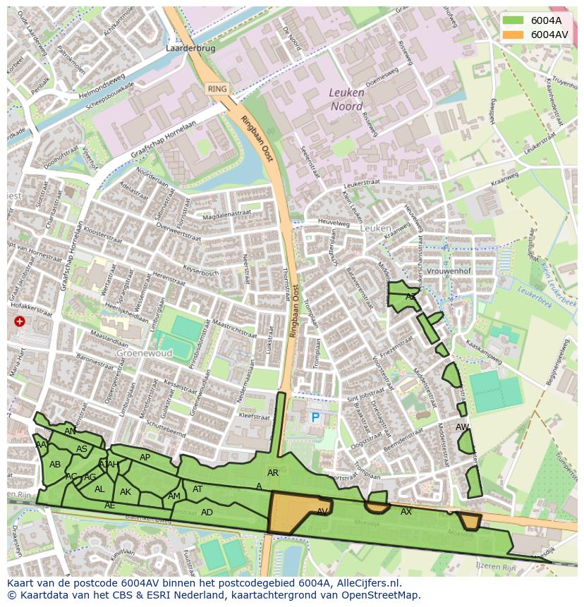 Afbeelding van het postcodegebied 6004 AV op de kaart.