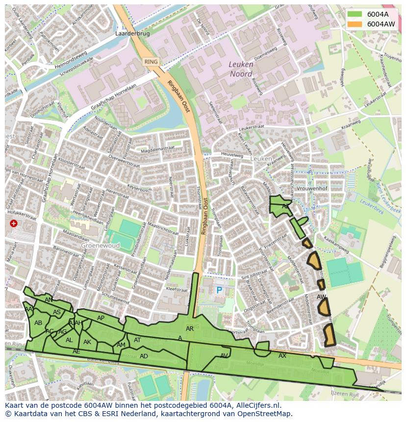 Afbeelding van het postcodegebied 6004 AW op de kaart.