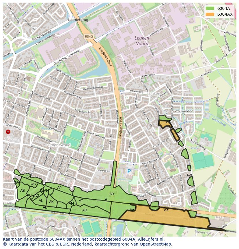 Afbeelding van het postcodegebied 6004 AX op de kaart.