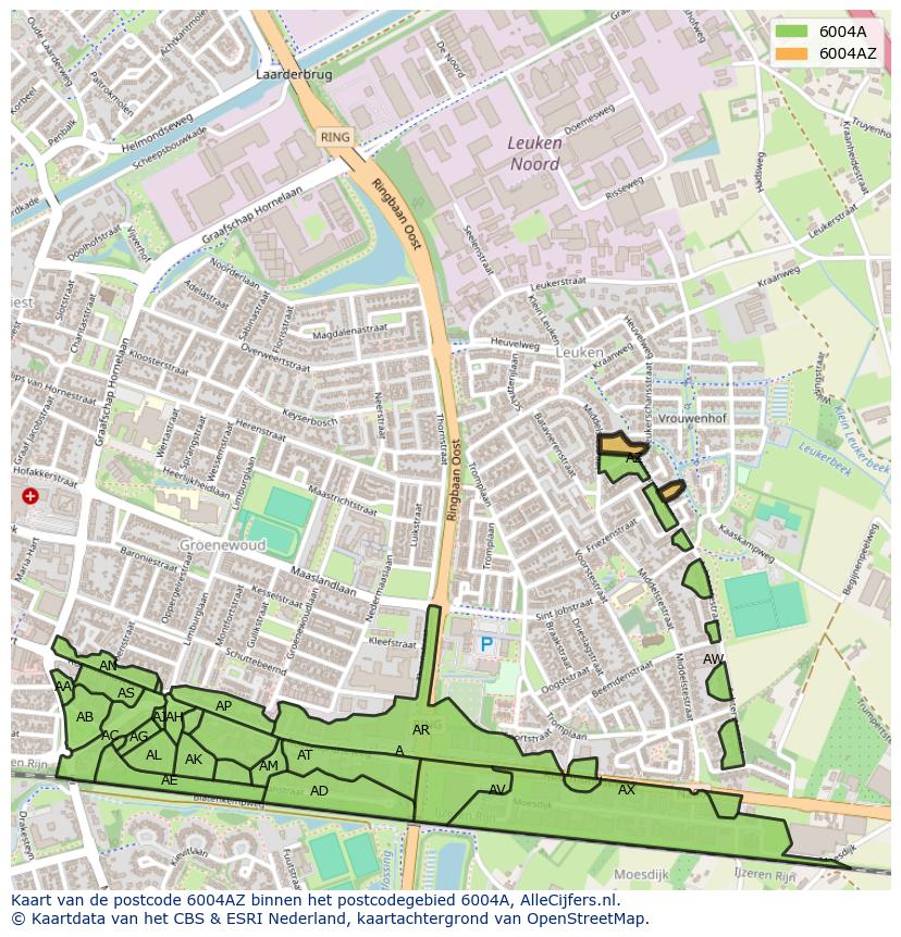 Afbeelding van het postcodegebied 6004 AZ op de kaart.