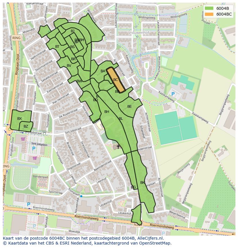 Afbeelding van het postcodegebied 6004 BC op de kaart.