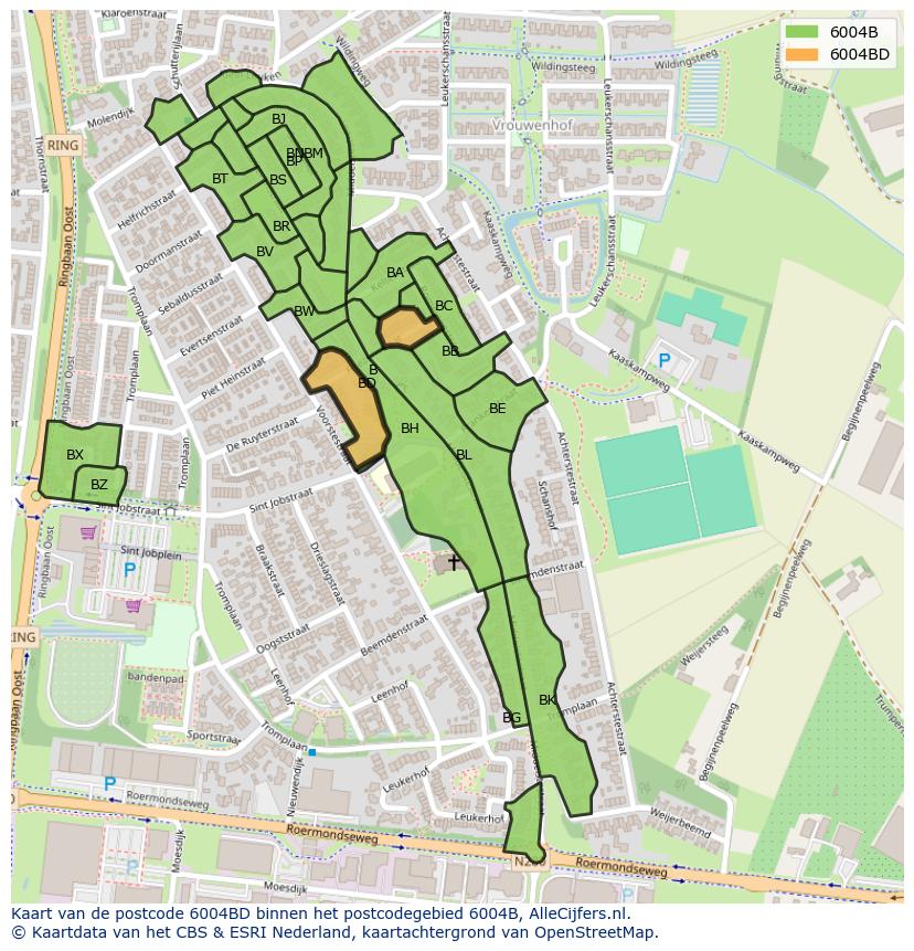 Afbeelding van het postcodegebied 6004 BD op de kaart.