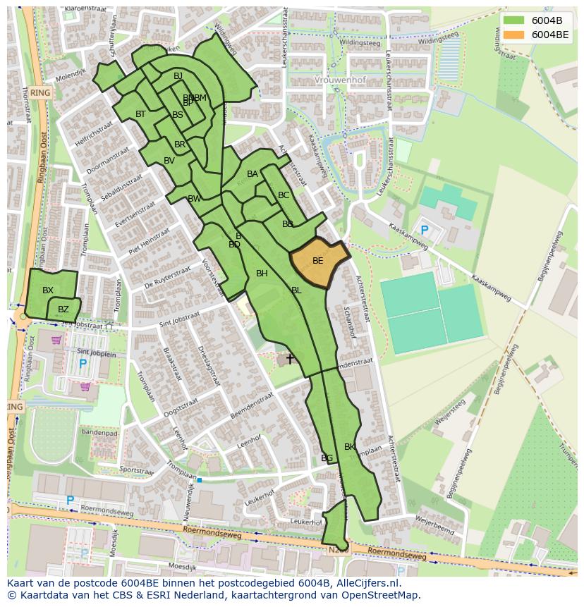 Afbeelding van het postcodegebied 6004 BE op de kaart.
