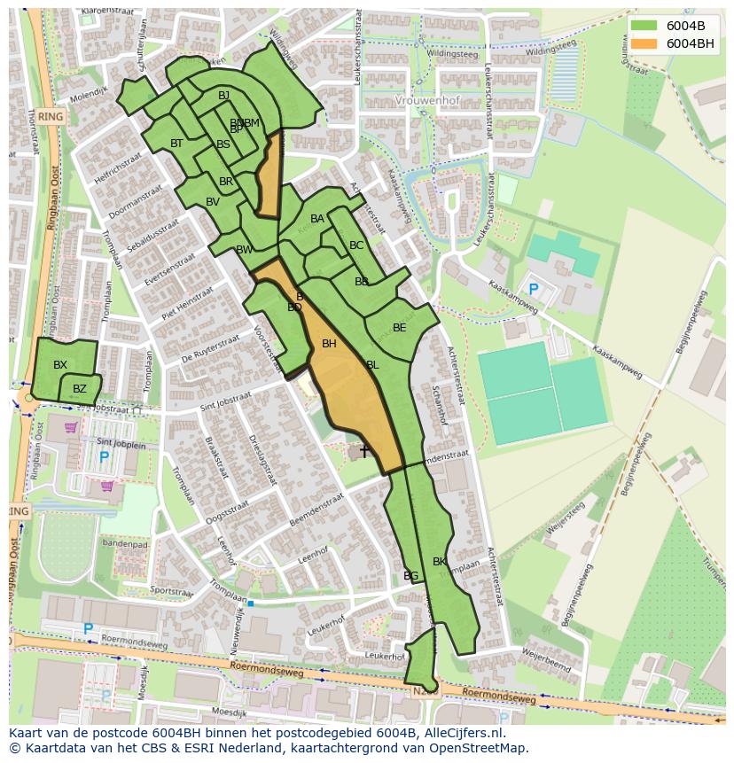Afbeelding van het postcodegebied 6004 BH op de kaart.