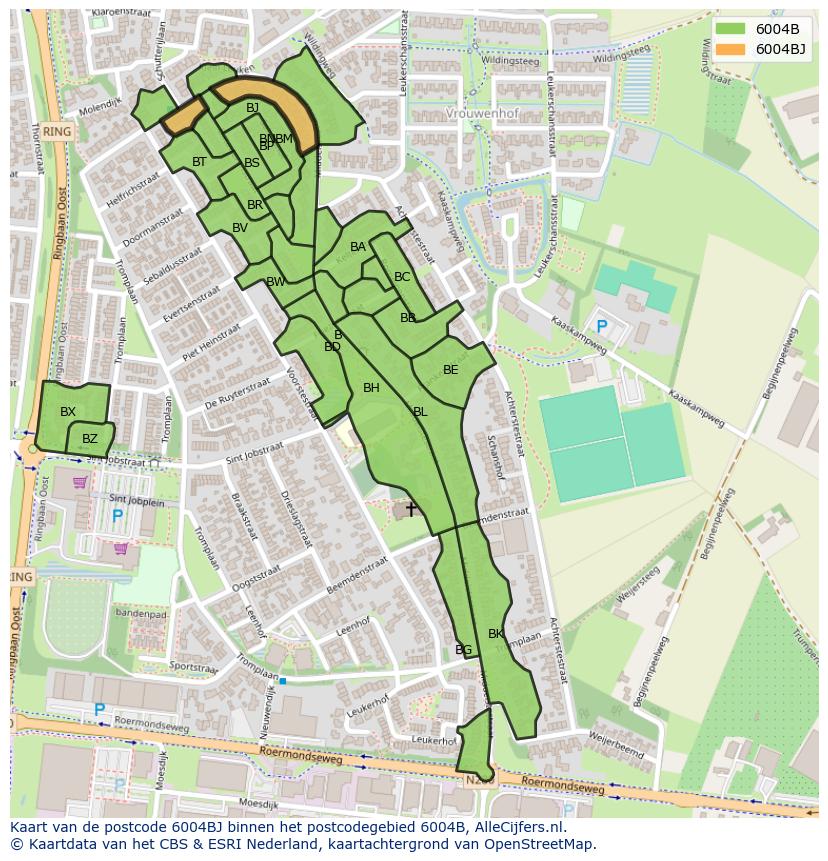 Afbeelding van het postcodegebied 6004 BJ op de kaart.