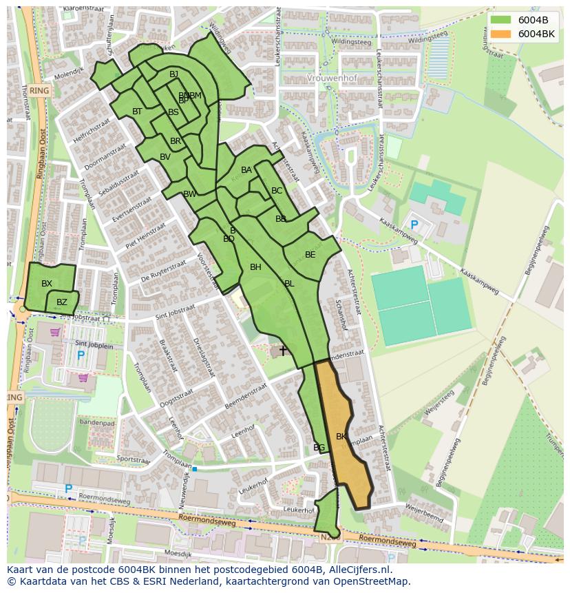 Afbeelding van het postcodegebied 6004 BK op de kaart.