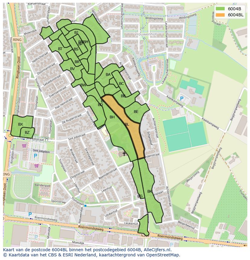 Afbeelding van het postcodegebied 6004 BL op de kaart.