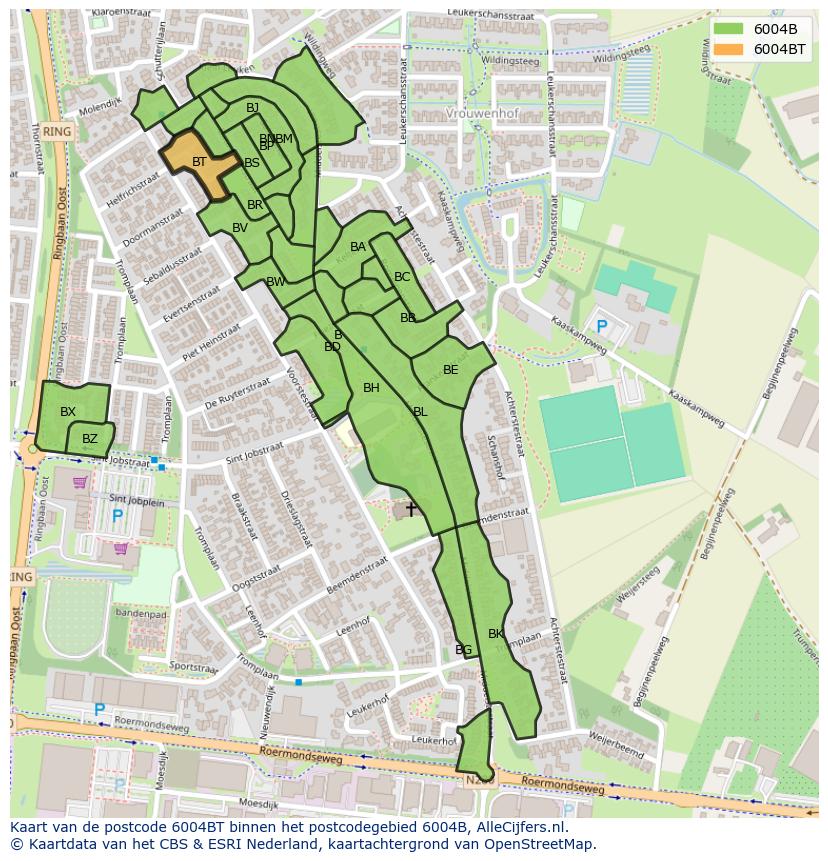 Afbeelding van het postcodegebied 6004 BT op de kaart.