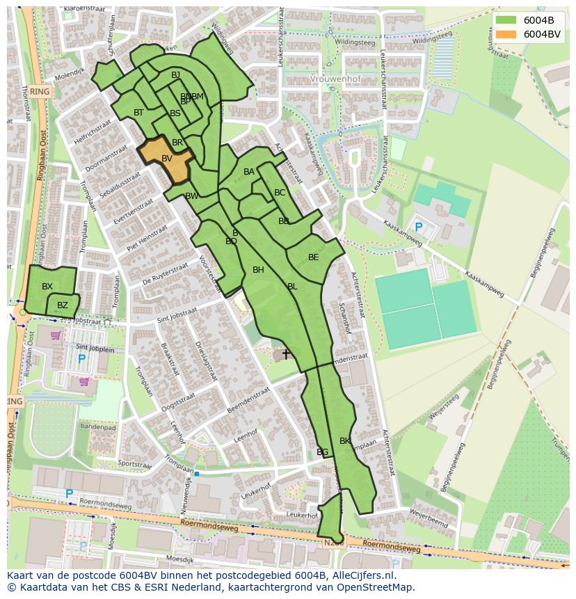 Afbeelding van het postcodegebied 6004 BV op de kaart.
