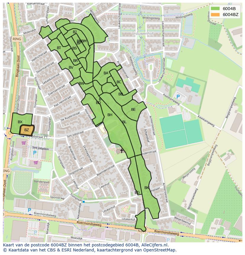Afbeelding van het postcodegebied 6004 BZ op de kaart.