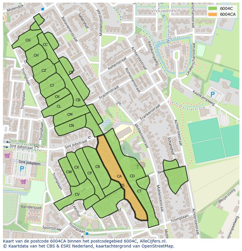 Afbeelding van het postcodegebied 6004 CA op de kaart.