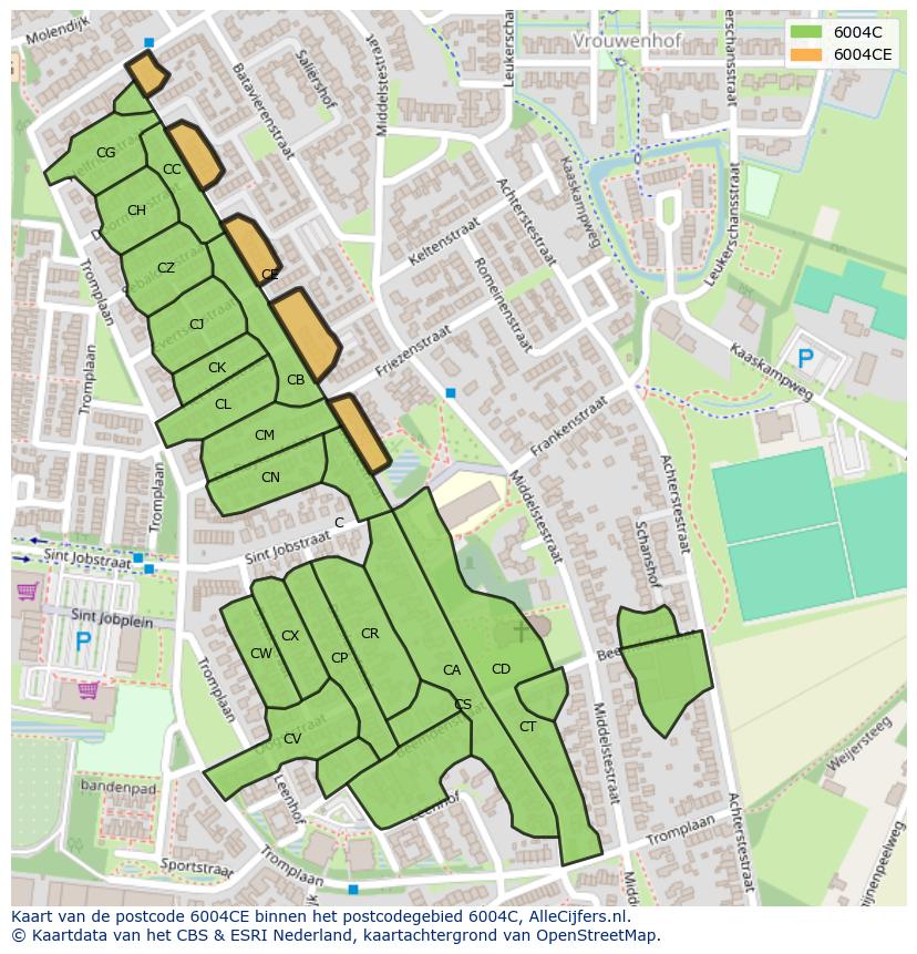 Afbeelding van het postcodegebied 6004 CE op de kaart.