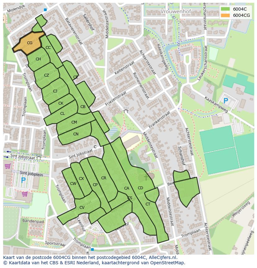 Afbeelding van het postcodegebied 6004 CG op de kaart.
