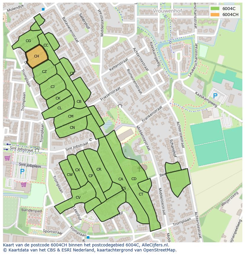 Afbeelding van het postcodegebied 6004 CH op de kaart.