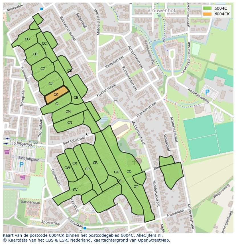 Afbeelding van het postcodegebied 6004 CK op de kaart.
