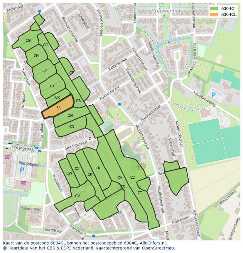 Afbeelding van het postcodegebied 6004 CL op de kaart.