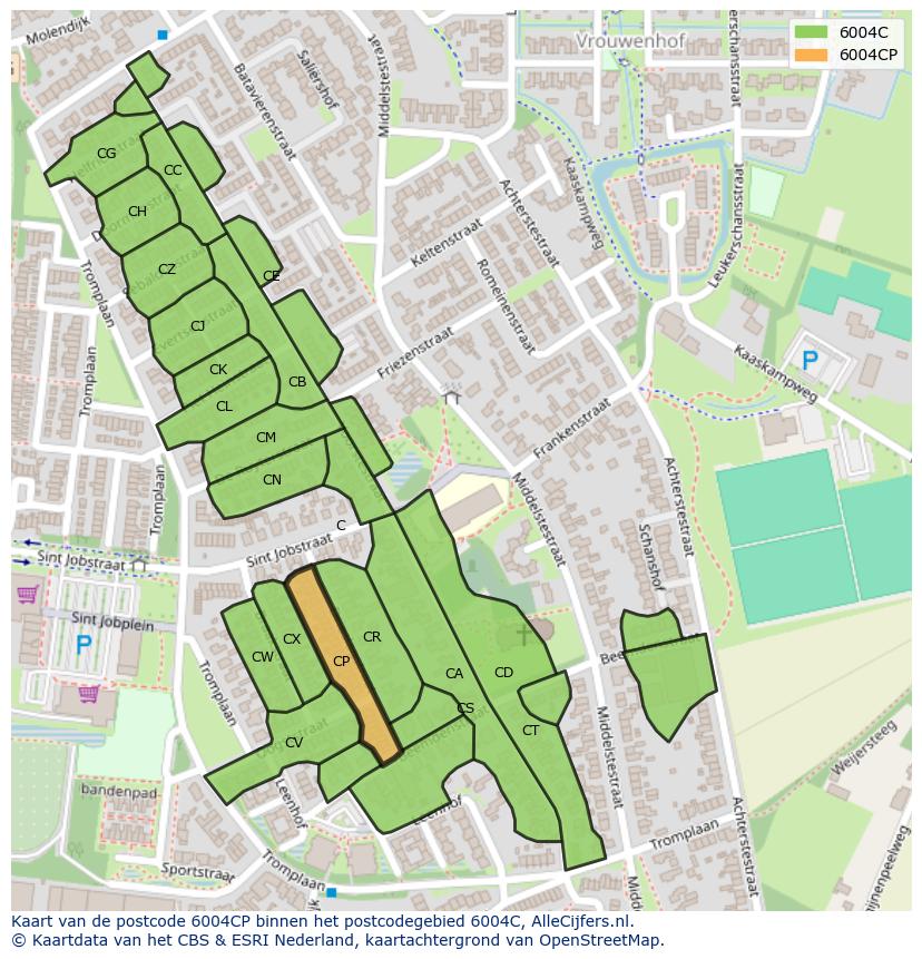 Afbeelding van het postcodegebied 6004 CP op de kaart.