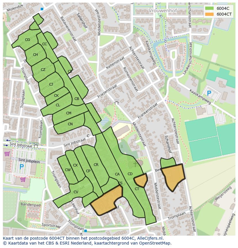 Afbeelding van het postcodegebied 6004 CT op de kaart.