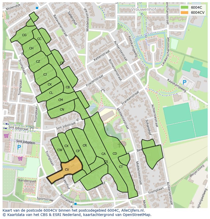 Afbeelding van het postcodegebied 6004 CV op de kaart.