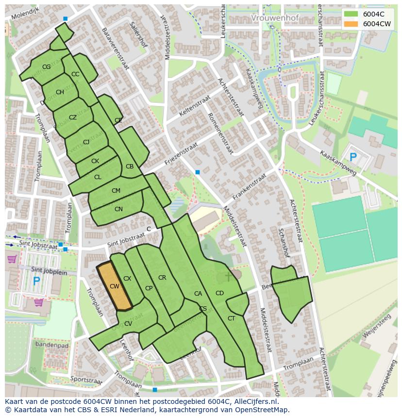 Afbeelding van het postcodegebied 6004 CW op de kaart.