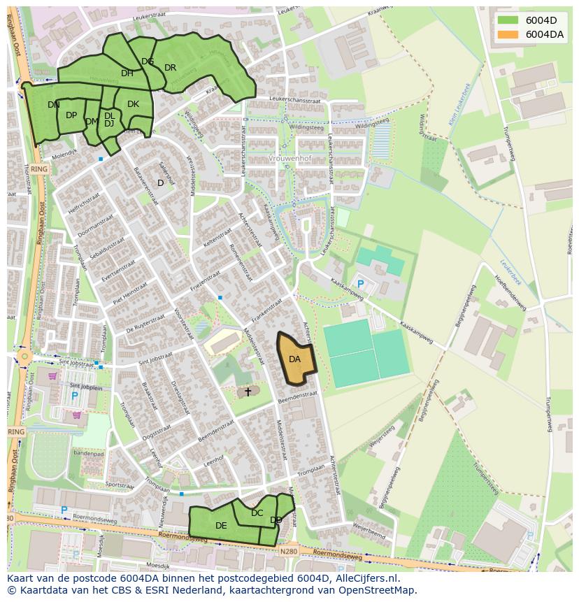 Afbeelding van het postcodegebied 6004 DA op de kaart.