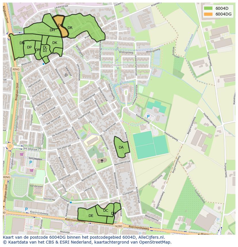 Afbeelding van het postcodegebied 6004 DG op de kaart.