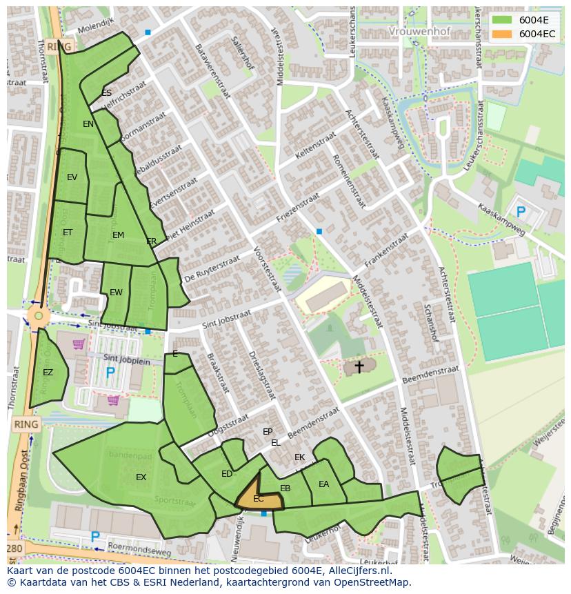 Afbeelding van het postcodegebied 6004 EC op de kaart.