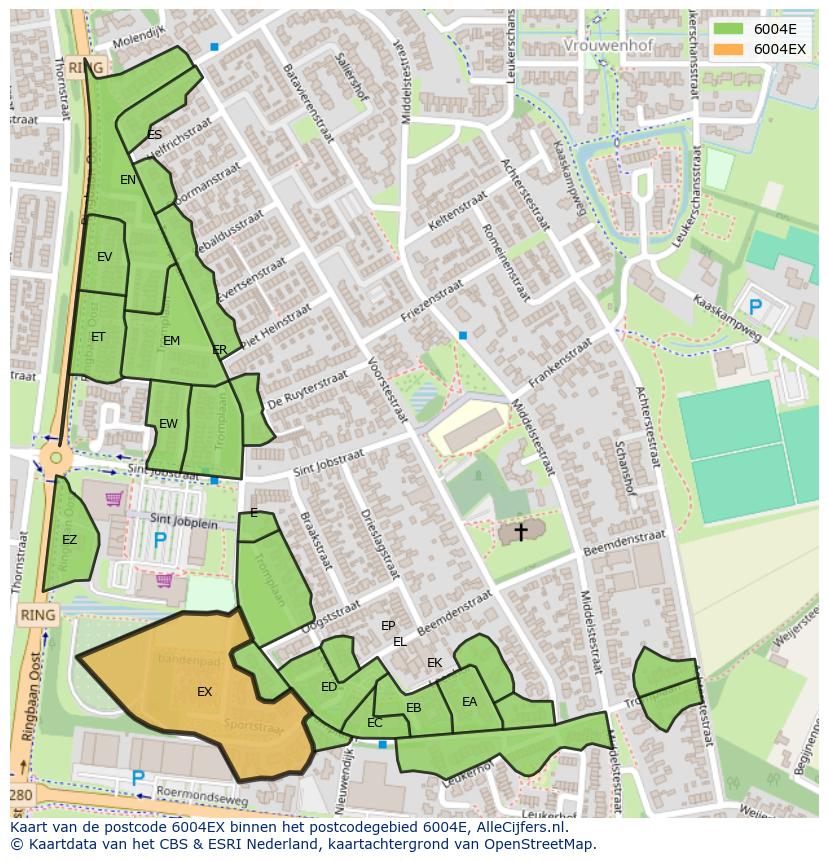Afbeelding van het postcodegebied 6004 EX op de kaart.