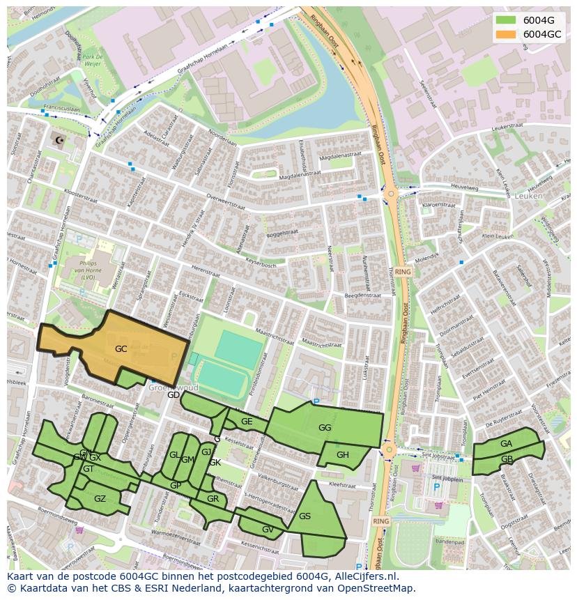 Afbeelding van het postcodegebied 6004 GC op de kaart.