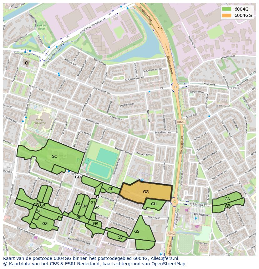 Afbeelding van het postcodegebied 6004 GG op de kaart.