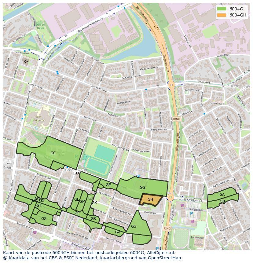 Afbeelding van het postcodegebied 6004 GH op de kaart.