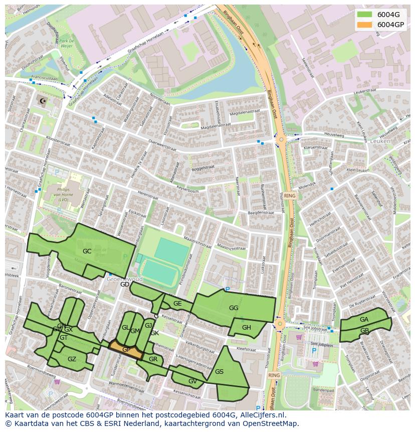 Afbeelding van het postcodegebied 6004 GP op de kaart.