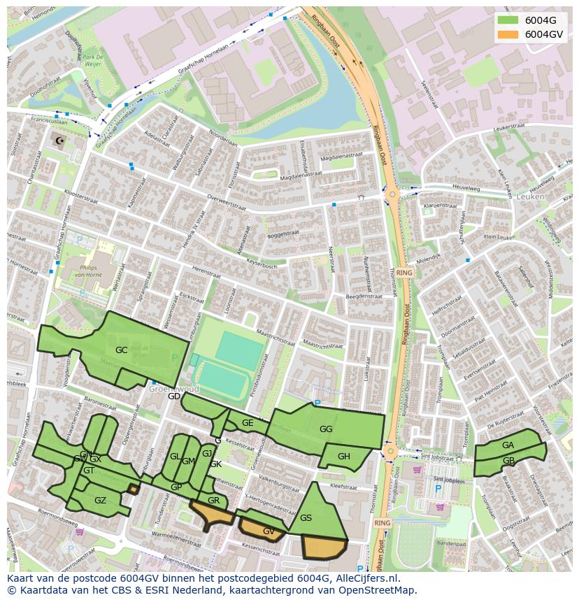 Afbeelding van het postcodegebied 6004 GV op de kaart.