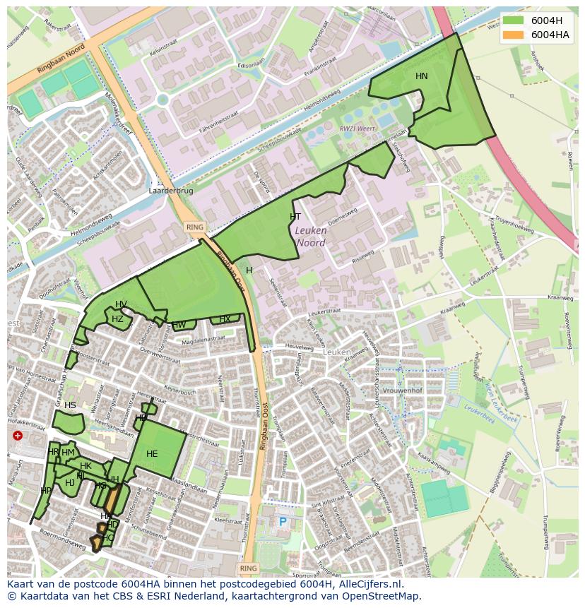 Afbeelding van het postcodegebied 6004 HA op de kaart.
