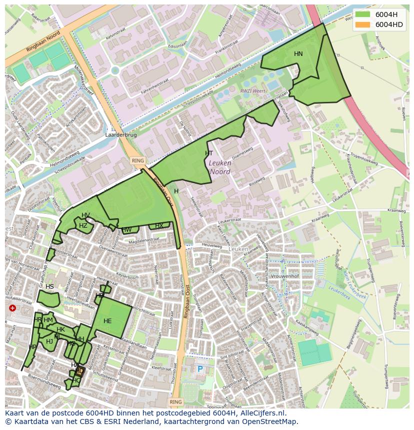 Afbeelding van het postcodegebied 6004 HD op de kaart.