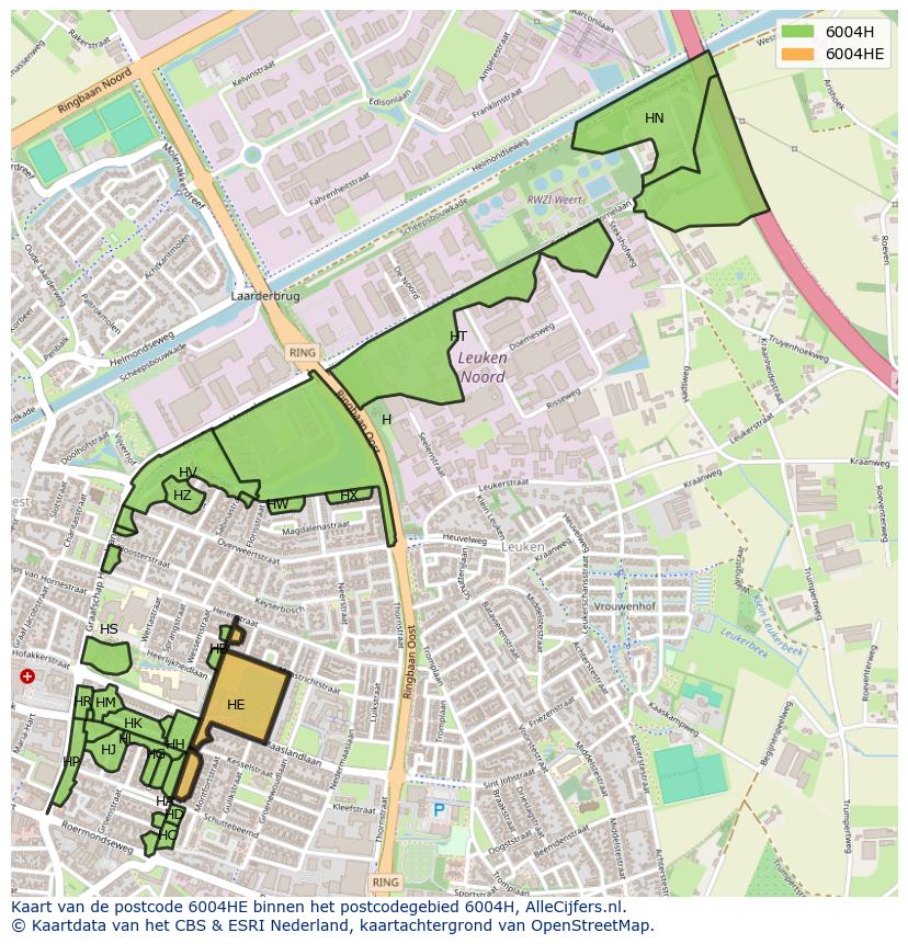 Afbeelding van het postcodegebied 6004 HE op de kaart.
