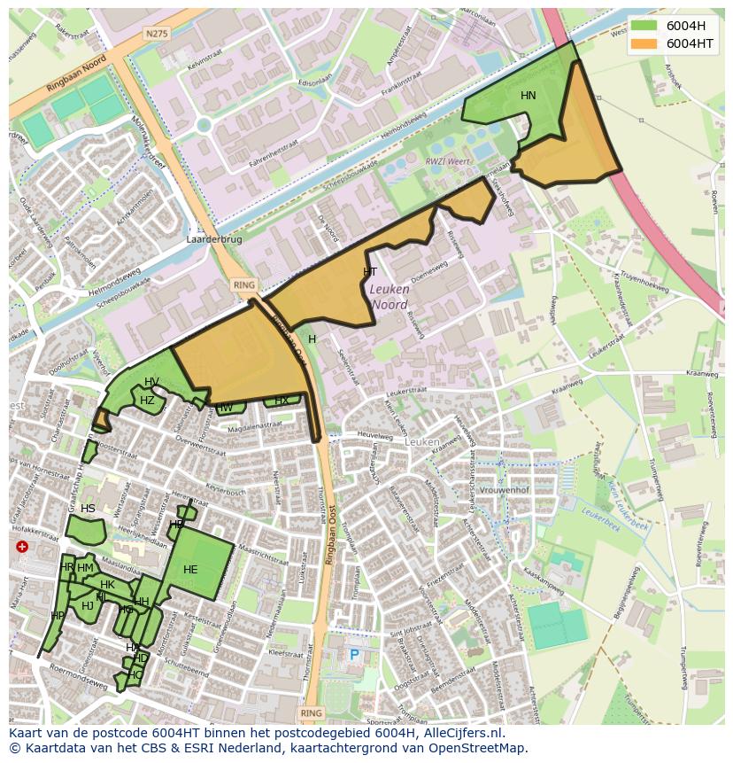 Afbeelding van het postcodegebied 6004 HT op de kaart.