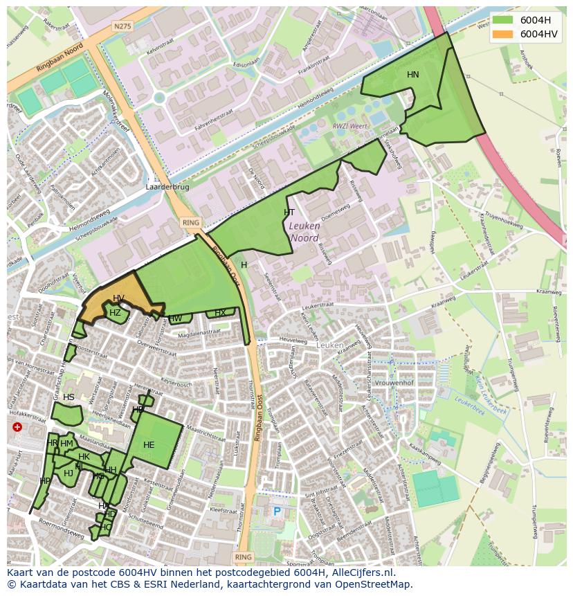 Afbeelding van het postcodegebied 6004 HV op de kaart.