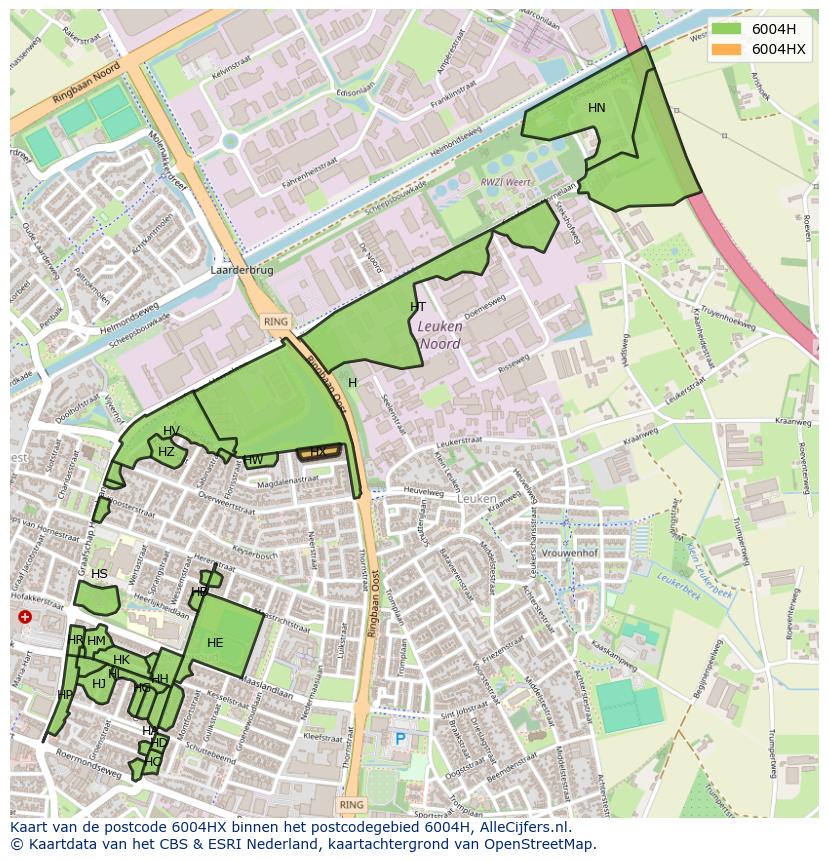 Afbeelding van het postcodegebied 6004 HX op de kaart.