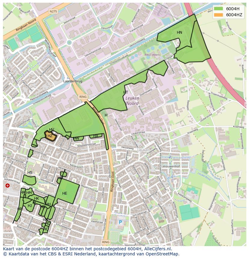 Afbeelding van het postcodegebied 6004 HZ op de kaart.