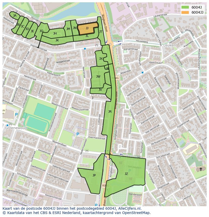 Afbeelding van het postcodegebied 6004 JJ op de kaart.