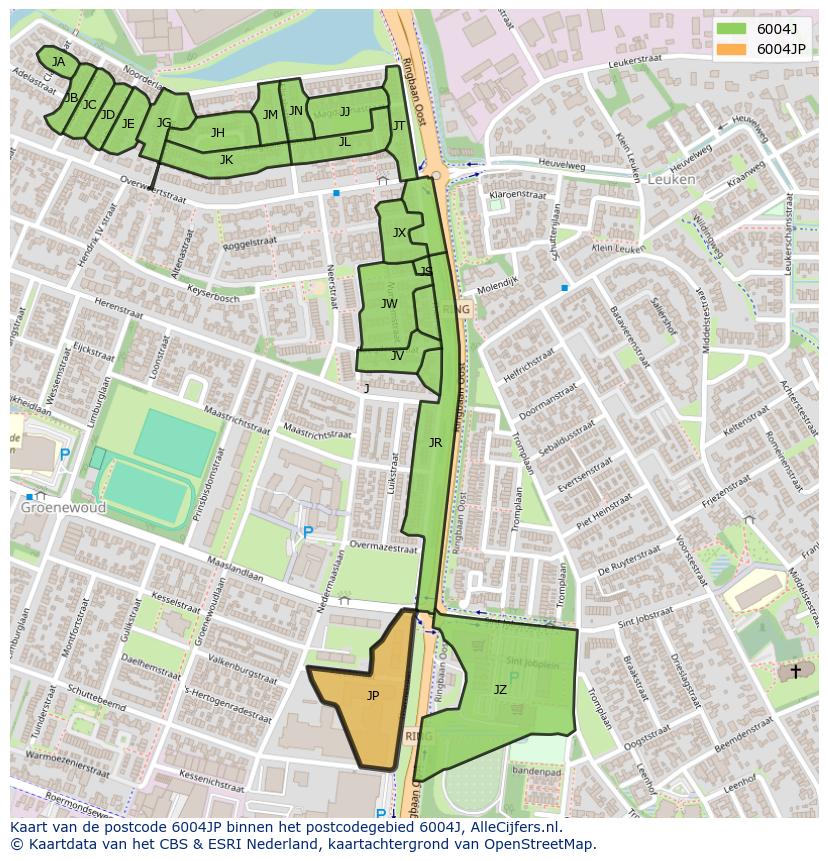 Afbeelding van het postcodegebied 6004 JP op de kaart.