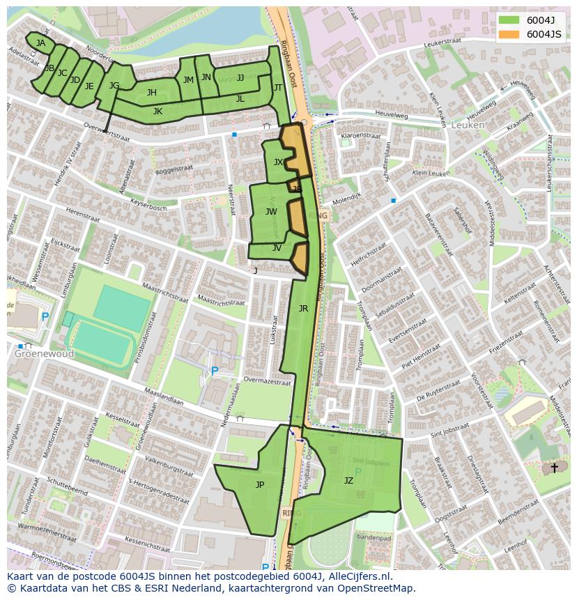 Afbeelding van het postcodegebied 6004 JS op de kaart.