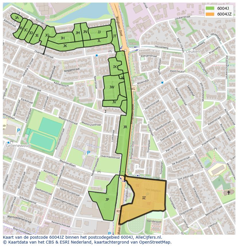 Afbeelding van het postcodegebied 6004 JZ op de kaart.