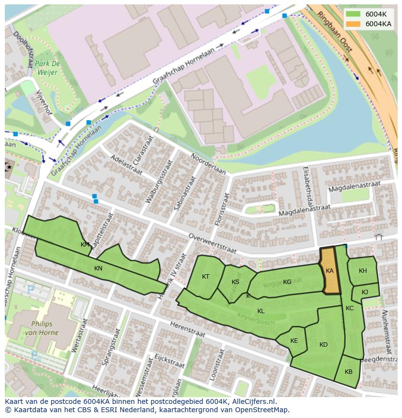 Afbeelding van het postcodegebied 6004 KA op de kaart.