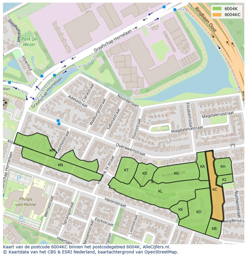 Afbeelding van het postcodegebied 6004 KC op de kaart.