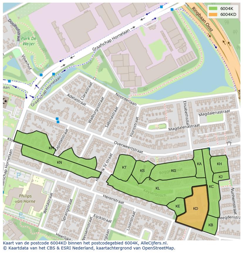 Afbeelding van het postcodegebied 6004 KD op de kaart.