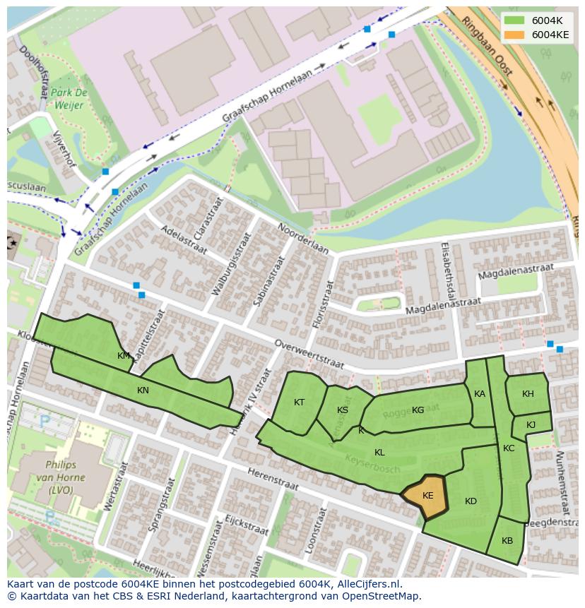 Afbeelding van het postcodegebied 6004 KE op de kaart.