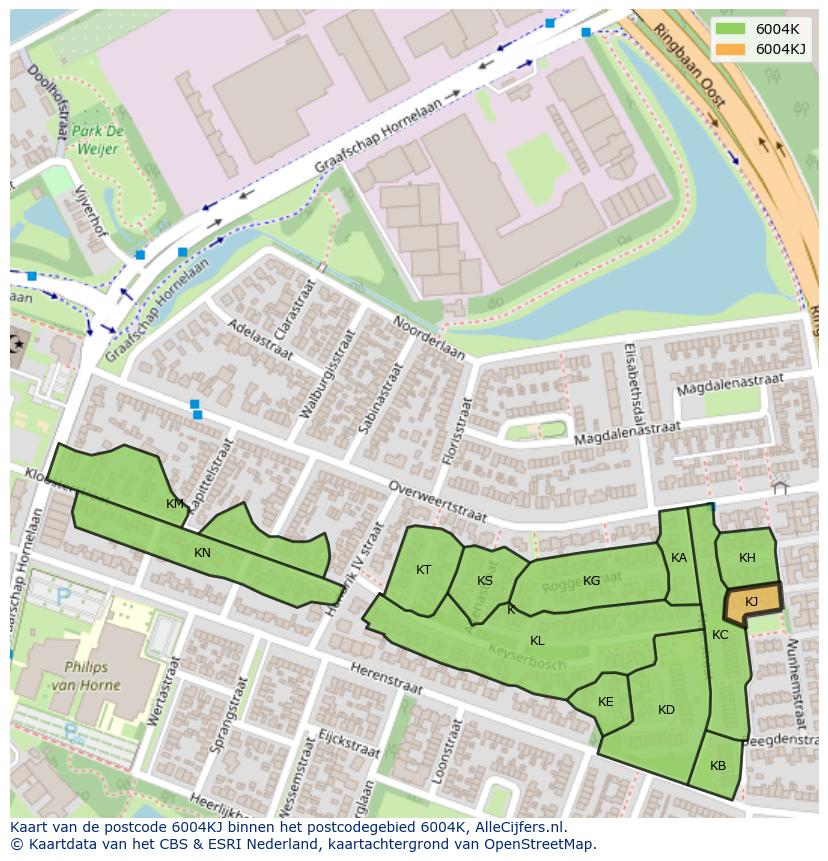 Afbeelding van het postcodegebied 6004 KJ op de kaart.