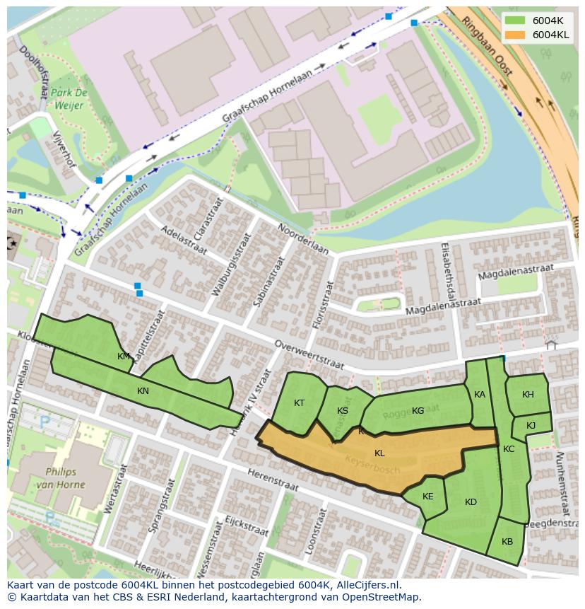 Afbeelding van het postcodegebied 6004 KL op de kaart.